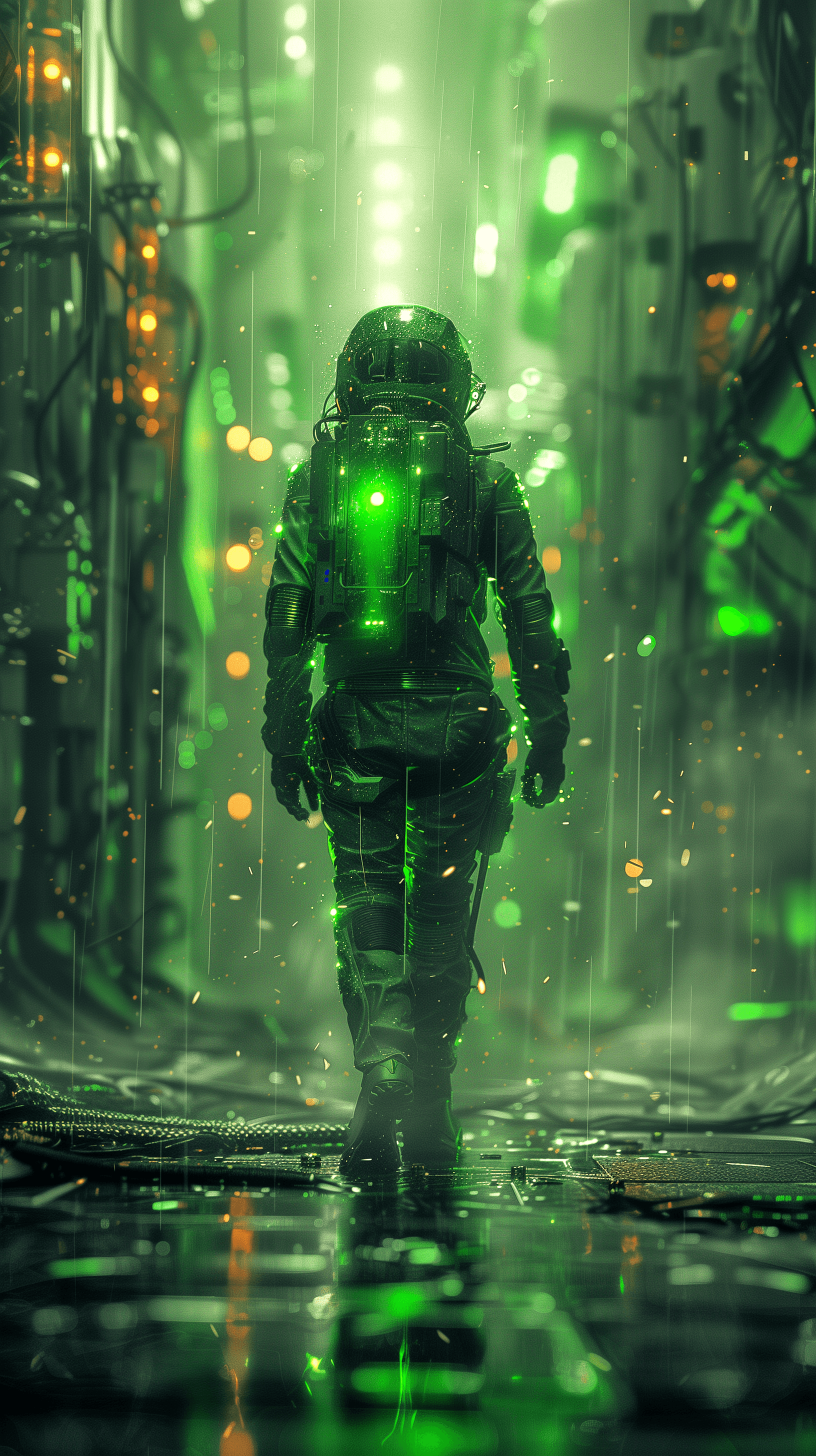 AI generated: photography, cinematict, candid shot, moody ambiance of a sci-fi facilites, focusing on a figure des...