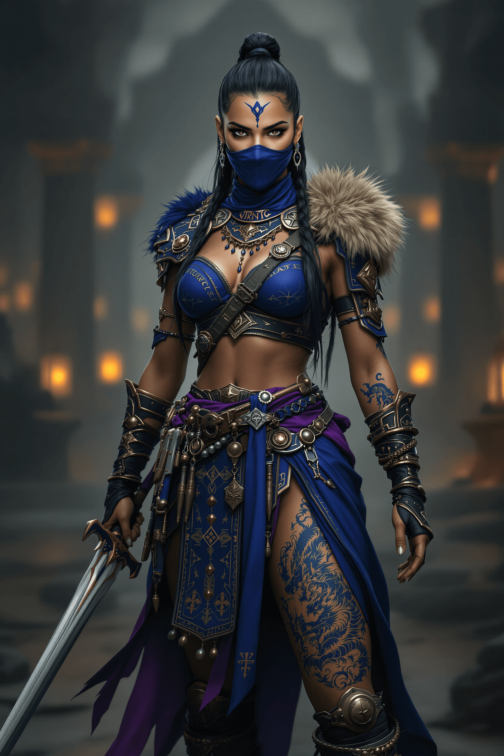 AI generated: An ultra-realistic, full-body portrait of an Indian warrior woman with a Viking-inspired presence, s...