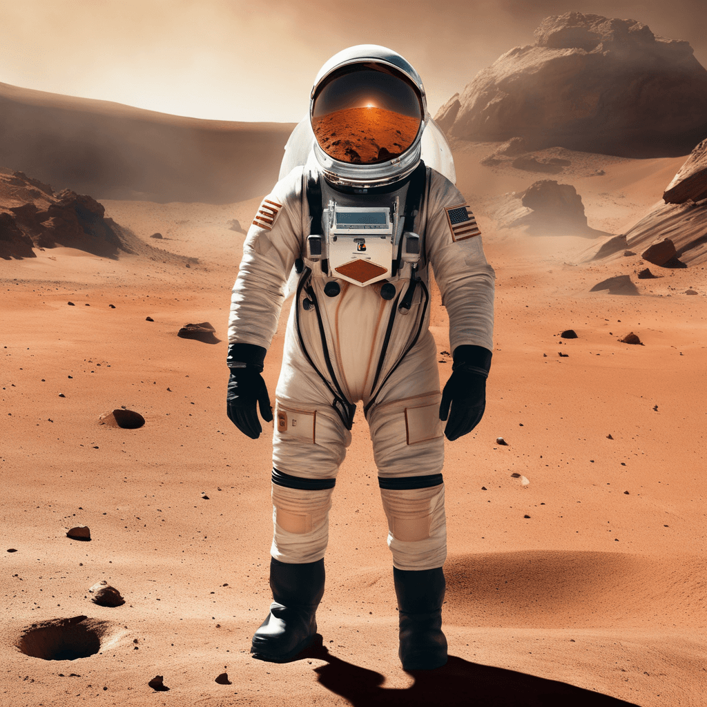 AI generated: A determined 35-year-old space colonist, wearing a high-tech space suit and holding a Martian soil s...