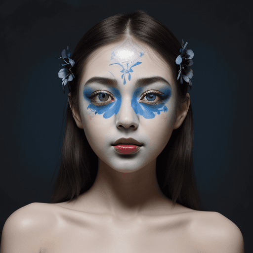 AI generated: a beautiful picture of a girl with blue flowers on her face, in the style of monochromatic paintings...