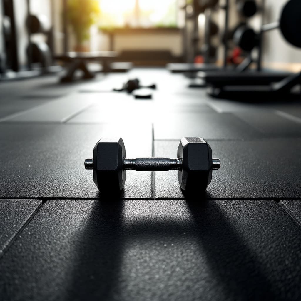 AI generated: A hyper-realistic, modern gym captured from a top-down perspective, showing small dumbbells position...