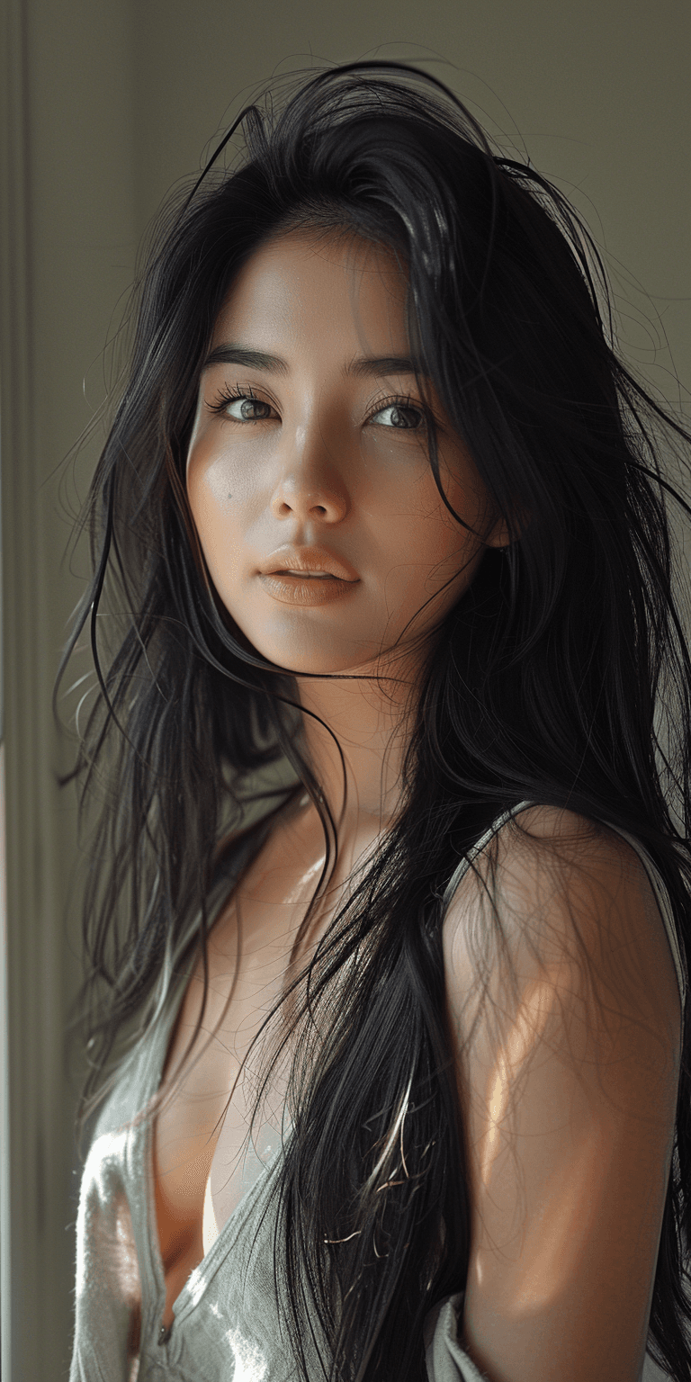 AI generated: A photo of an attractive Filipina girl with long black hair, wearing casual clothes, soft and natura...