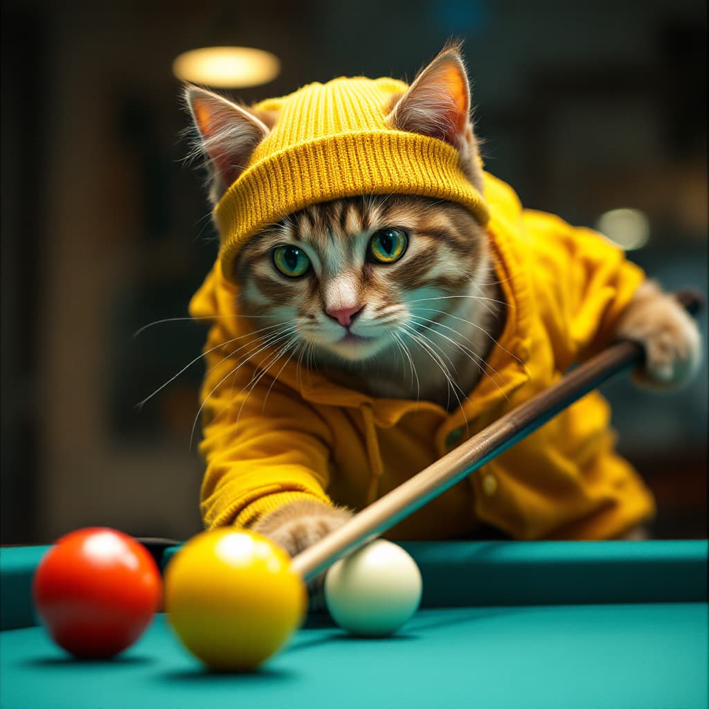 AI generated: Drama photo, visual tension, anthropomorphic real cute cat, wearing yellow casual clothes, playing p...