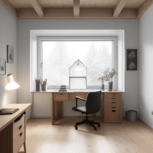 AI generated: A cozy Scandinavian home office, natural oak desk, ambient lighting from a floor-to-ceiling window, ...