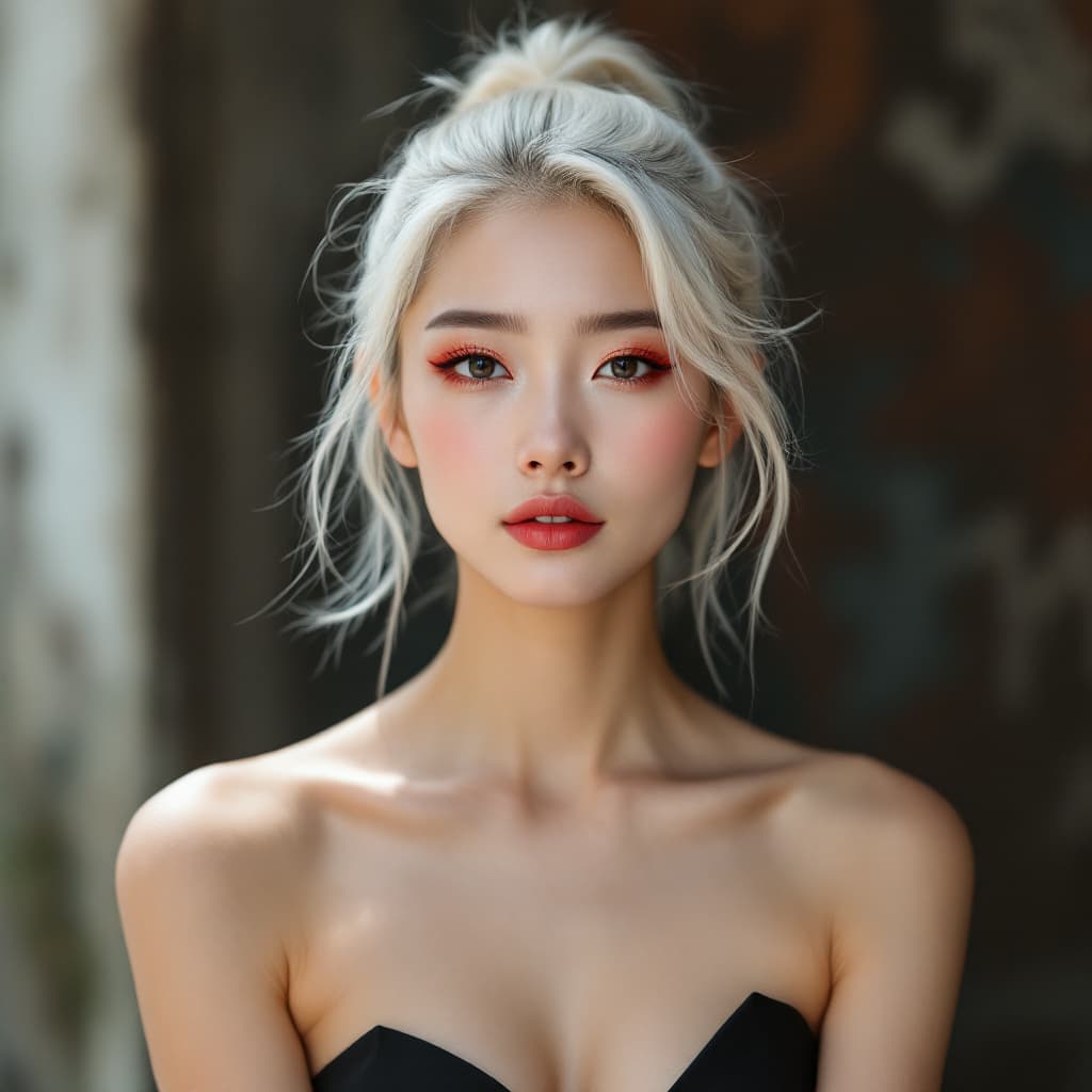 AI generated: Portrait of an East Asian woman with platinum blonde hair tied in a high ponytail, full face and hai...