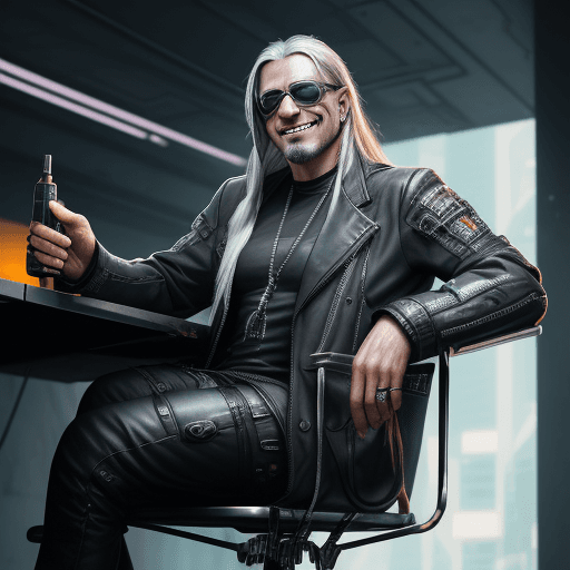AI generated: Kapiszon, Cyberpunk, Middle aged, Man, long Silver hair, Devious grin Sitting on a plastic chair, Hi...