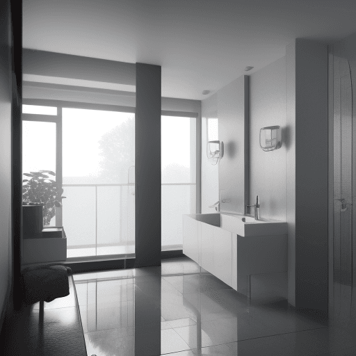 AI generated: a view of a bathroom inside an apartment, large space with double height and glass shower and a larg...