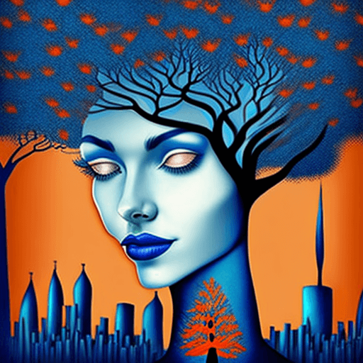 AI generated: a design of a woman's head with tree on her head, in the style of surreal city scenes, dark blue and...