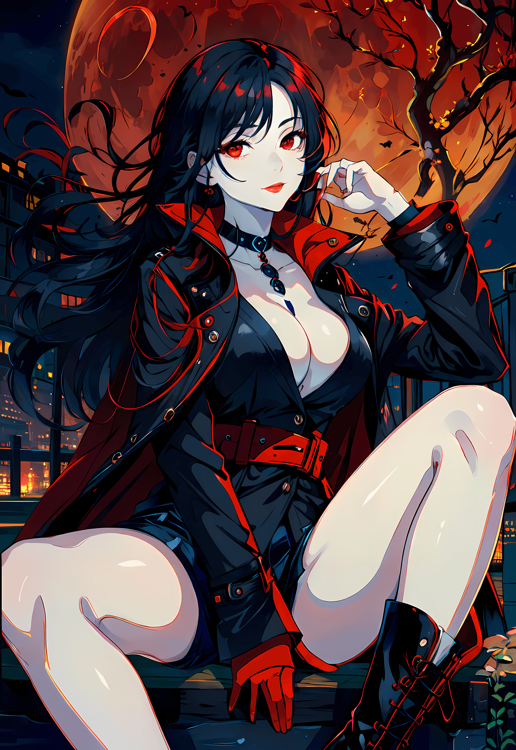 AI generated: (Masterpiece, Award winning, Highest Quality:1. 2), (night depth of field, park, (red moon)), (sexy)...
