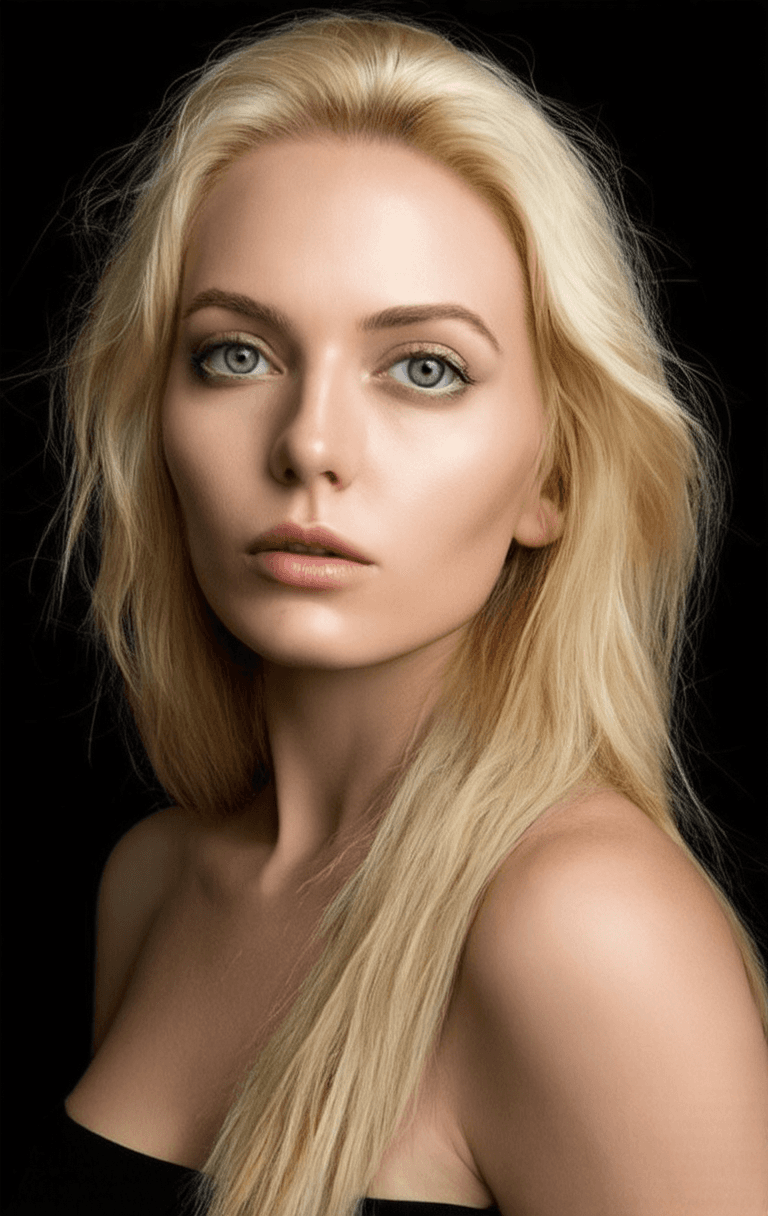 AI generated: Nordic woman, high cheek bones, large blue eyes, blonde hair, white skin, square jaw,35 years old, s...