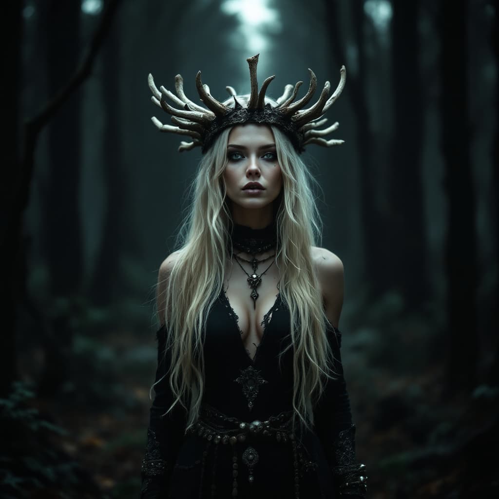 AI generated: a shaman woman wearing black and standing in a dark forest. There is a crown of bones around her hea...