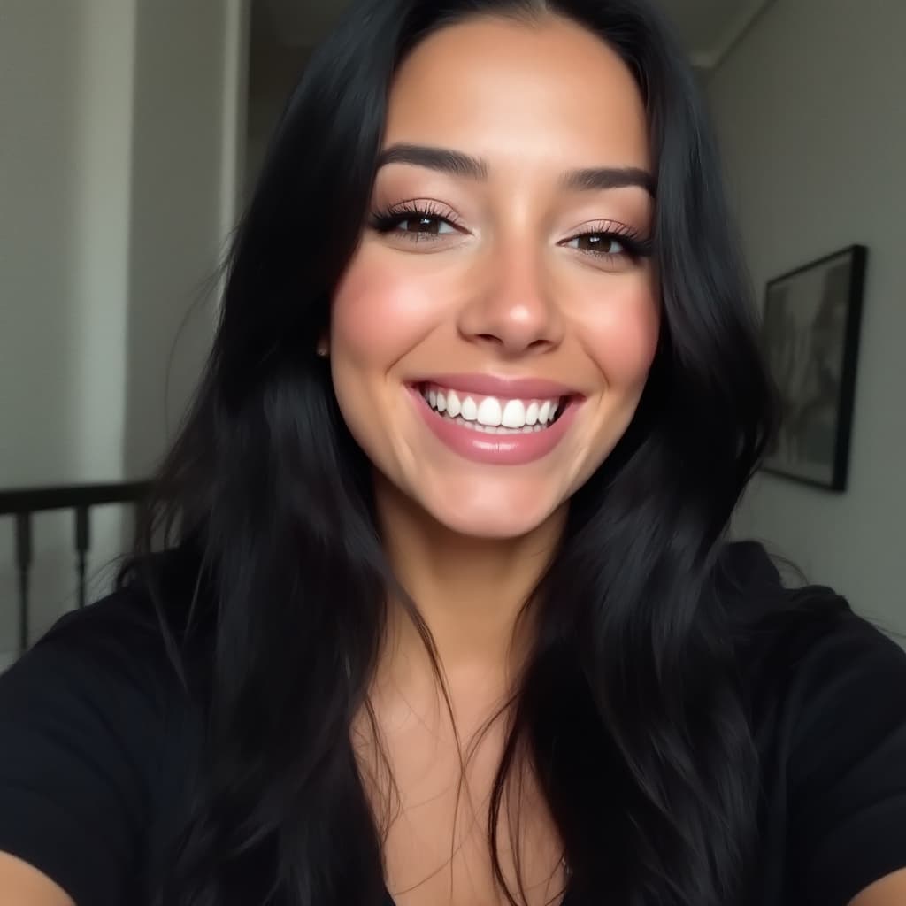 AI generated: A woman with long black hair, wearing black t-shirt, in appears at camera, taking an instagram video...