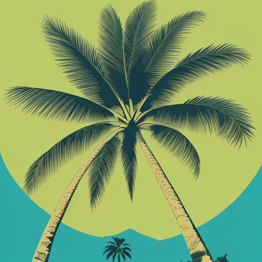 AI generated: A variation of a palm tree depicted in a classic screen-print (silkscreen) style, featuring bold, cl...
