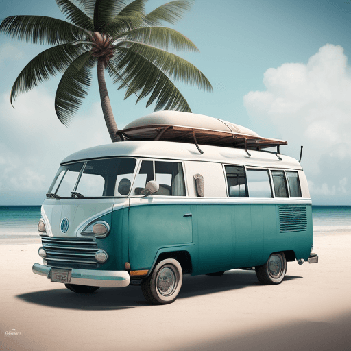 AI generated: High resolution design a coconut tree behind a vintage van with surfboards going to the beach, reali...