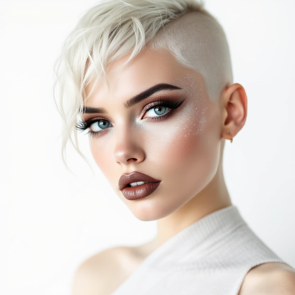 AI generated: a beautiful albino model with an avant-garde haircut, she is looking into the camera, henna pattern ...