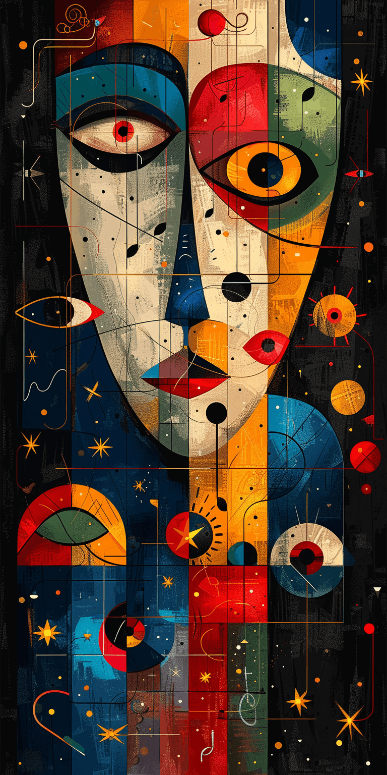 AI generated: Abstract vector illustration of various symbols and characters, including musical notes, eyes with d...