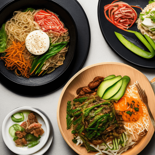 AI generated: Food photography, bibimbap, top view,in a luxurious Michelin kitchen style, studio lighting, depth o...