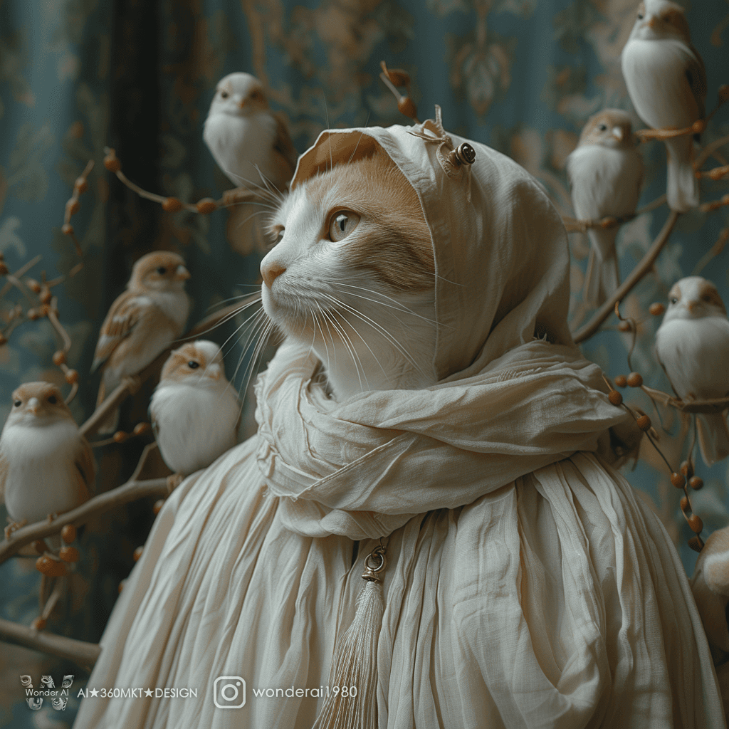 AI generated: multiple Sparrow around an anthropomorphic cute cat wearing white wizard robe, in the style of ether...
