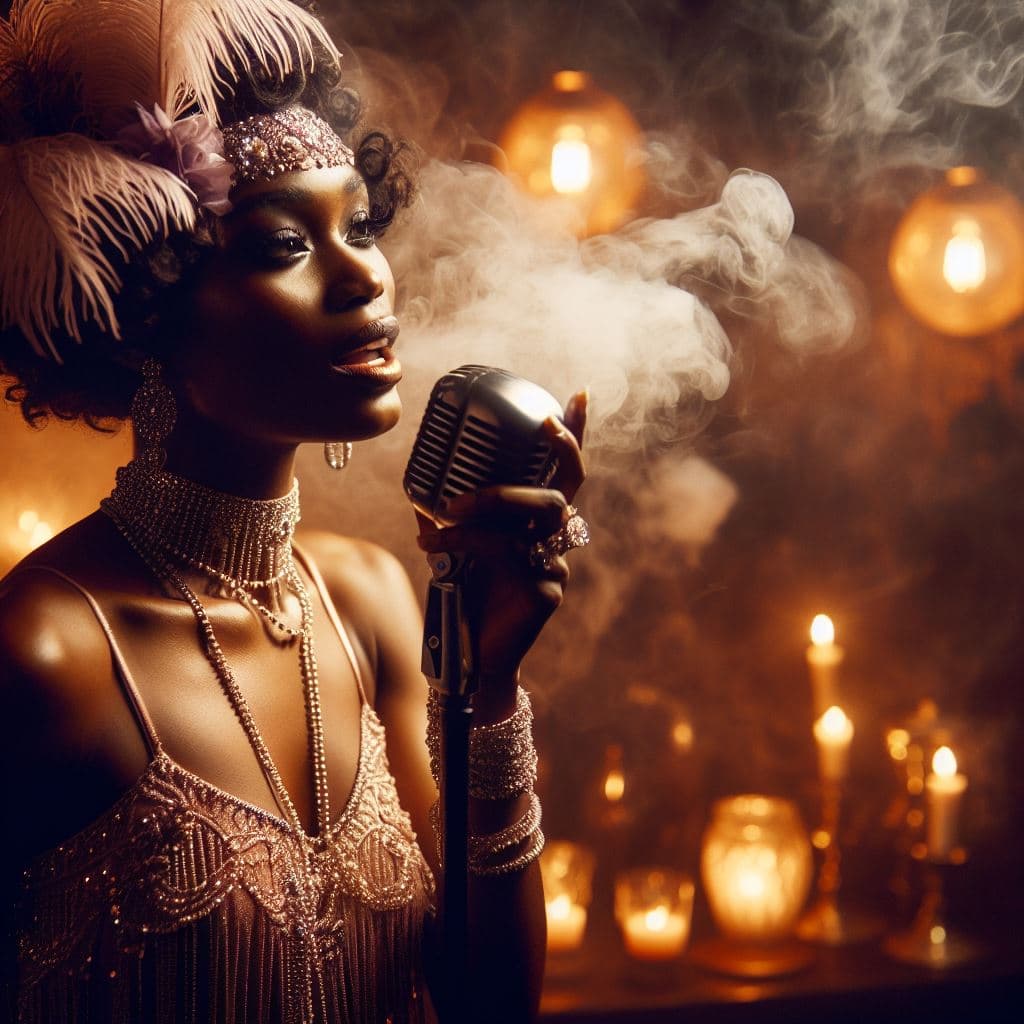 AI generated: In the dimly lit, smoke-filled confines of a clandestine underground speakeasy, Violet, a charismati...