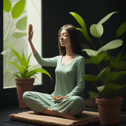 AI generated: A plant reaching upward and a meditating woman