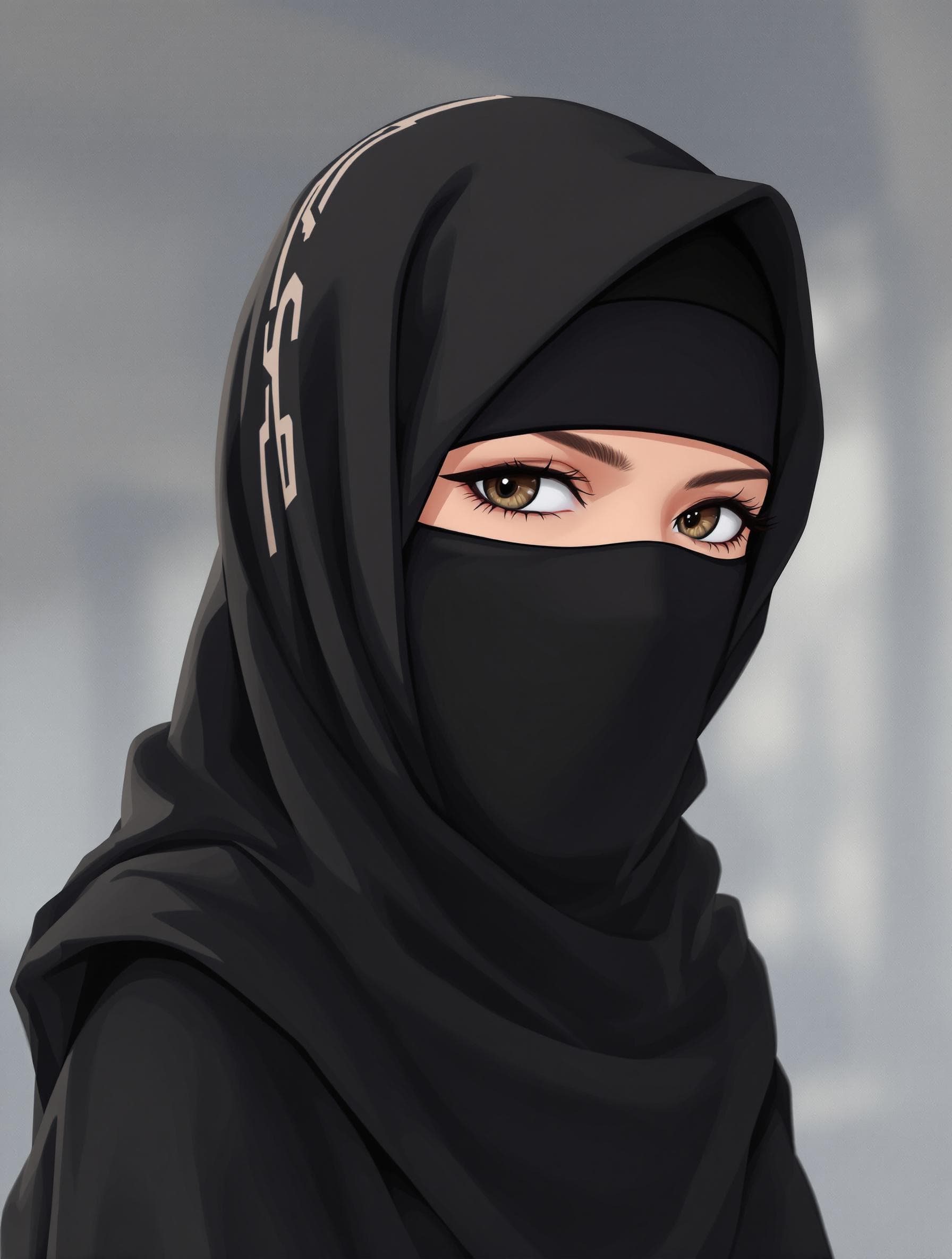 AI generated: manga anime, upper body, wearing a black hijab with the covering face like a Arabian woman in black ...