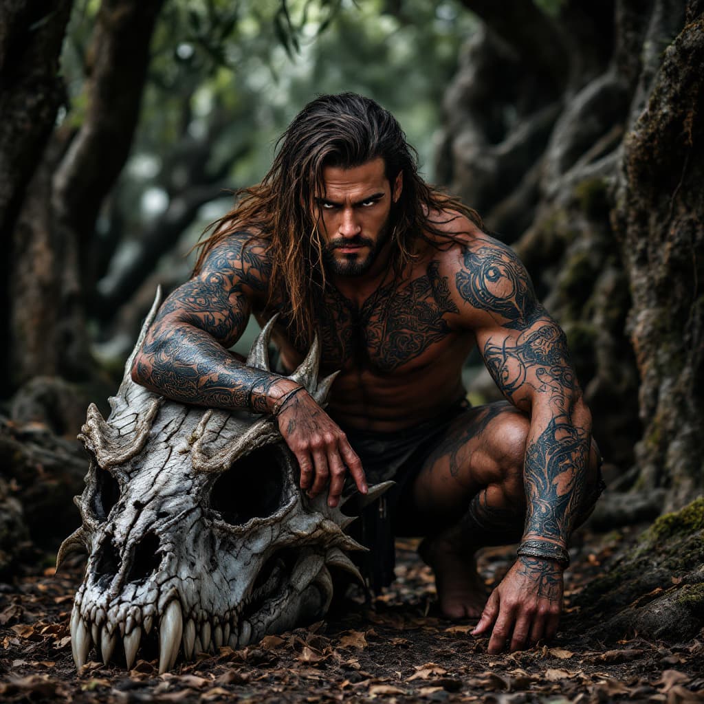 AI generated: A striking and intense photographic portrait depicting a fierce female crouching Celtic warrior woma...