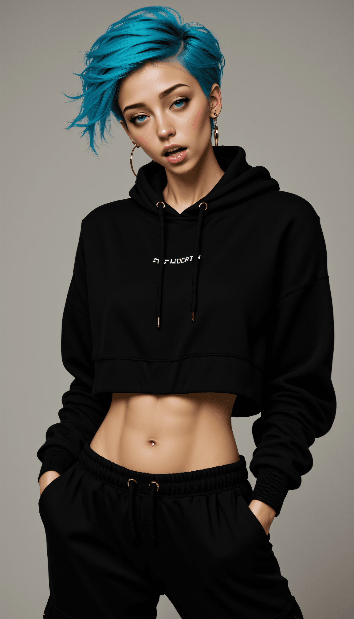 AI generated: Photo of a Mid-twenties woman with electric blue short spiky hair, slim figure, very soft ribs visib...