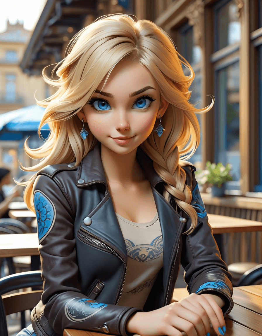 AI generated: a girl, blond hair, wry smile, blue eyes, tattooed, leather jacket, sitting on the terrace of a café...