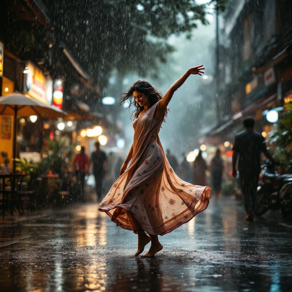 AI generated: full body view of an image depicting the metaphor of life as Indian girl dancing in the rain barefoo...