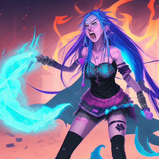 AI generated:  A casual Jinx from serial Arcane (beautiful fictional female character with two blue braids and pin...