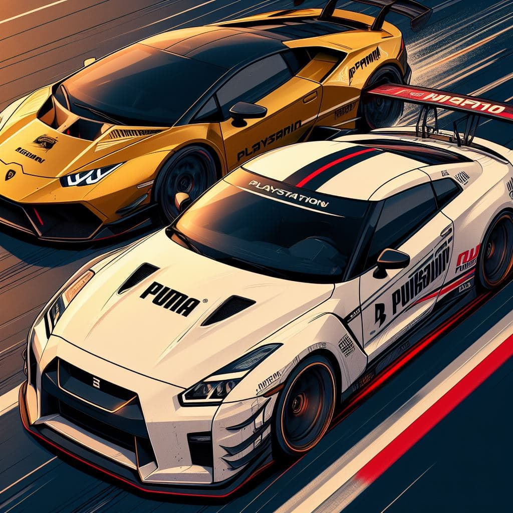 AI generated: A white Nissan GT-R R35 with a red stripe on the roof and Puma and Playstation sponsors on the sides...