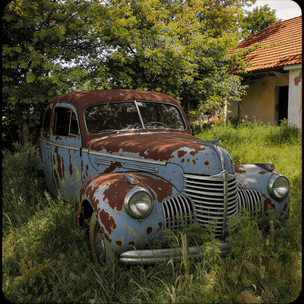 AI generated: A realistic Eastman Kodak 5294 photo of vintage, rusted blue car, positioned prominently in an overg...