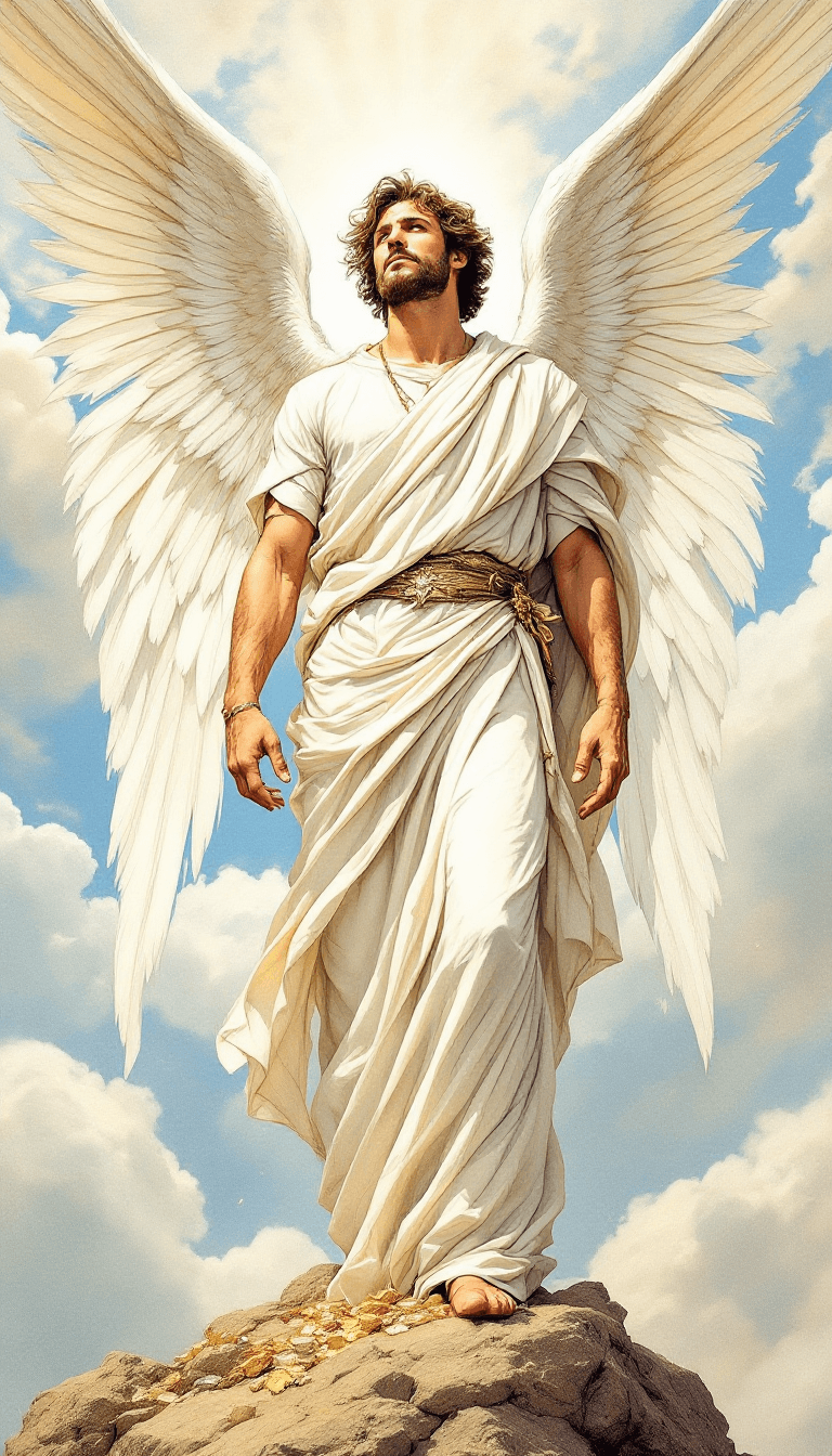 AI generated: An artist's drawing of a strong male angel, wearing a pure white robe, standing in the sky with his ...