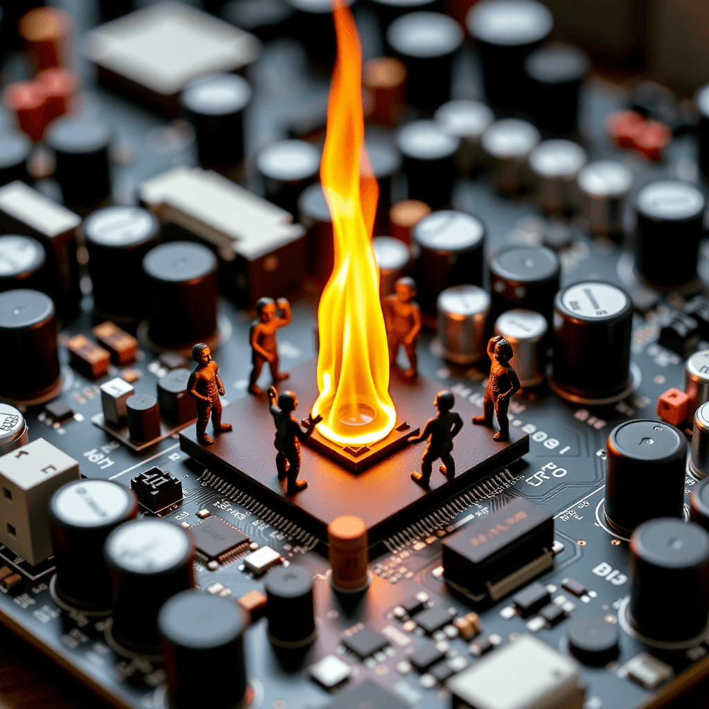 AI generated: Eine afrikanische Stammeszeremonie auf einem Motherboard, winzige TÃ¤nzer bewegen sich um ein leucht...