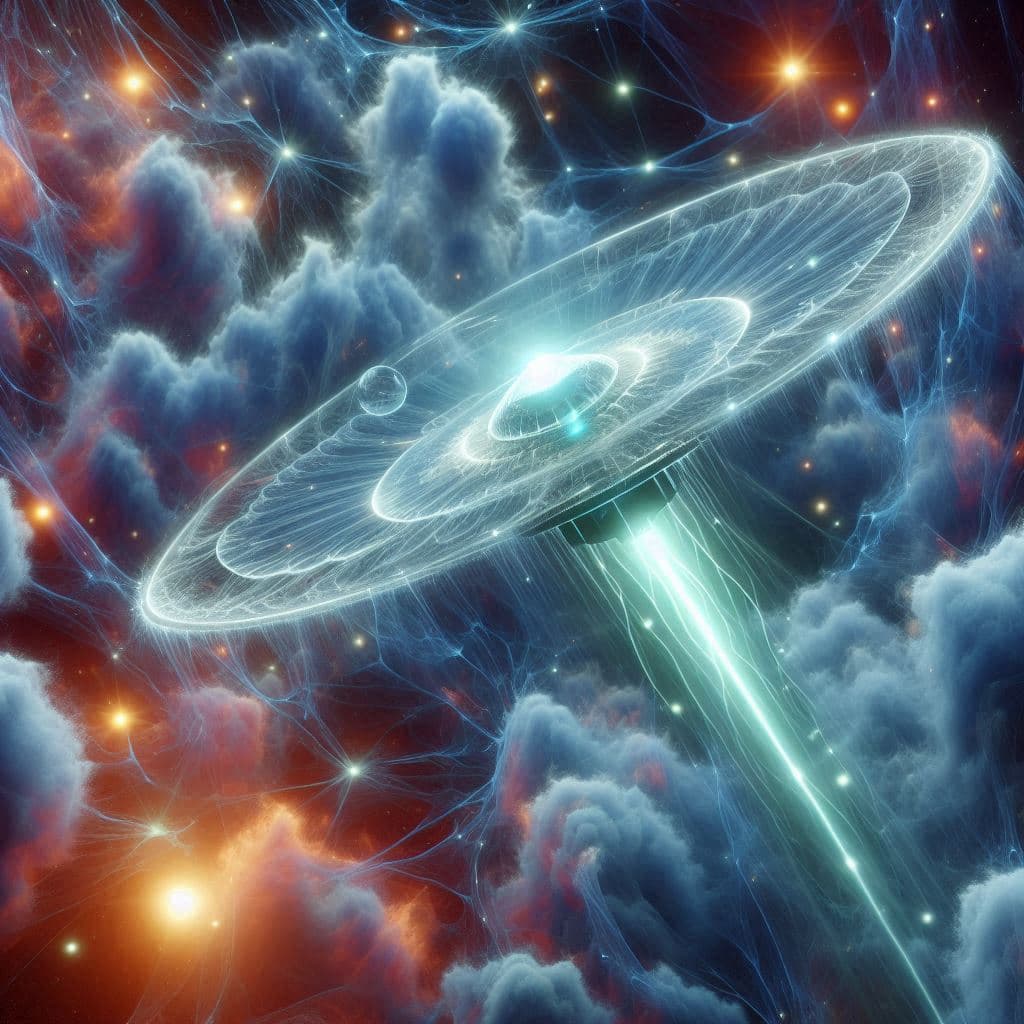 AI generated: The alien spacecraft is a translucent fractal ramship emitting a glowing shell of azure lightnings. ...