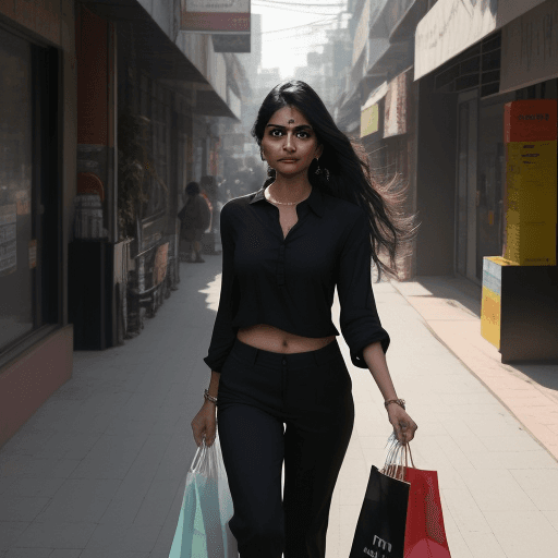 AI generated: The image features a  Indian woman wearing a black shirt and black pants, walking down a street whil...