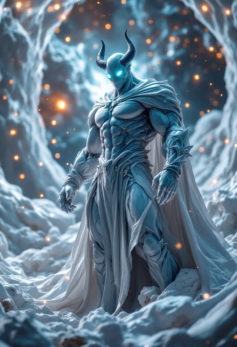 AI generated: God of Plastic, full-body, Etherial, muscular, No mouth, hair or Beard, Glowing white eyes, epic, ci...
