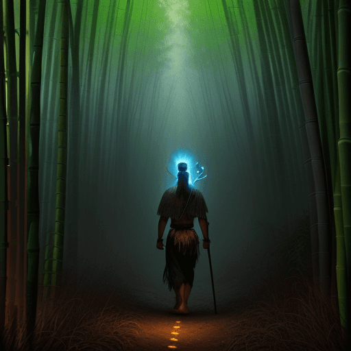 AI generated: a shaman walking in a dark bamboo forest holding a torch