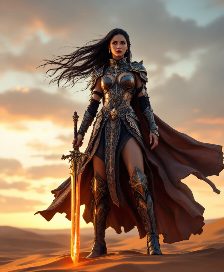 AI generated: A powerful female warrior standing in a vast desert at sunset, viewed from a low-angle perspective t...