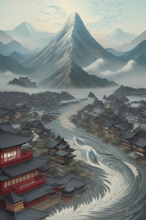 AI generated: Color ink style ,Azuma Kiyohiko,illustration of a Chinese fish, Flooding away the city,Upshot, Full ...