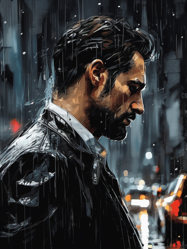 AI generated: a portrait of a disappointed man, rainy, digital painting, (expressionism:1.1), dramatic, gloomy, de...