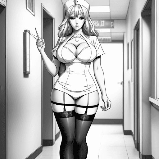 AI generated: Coloring page for adults, drawn anime style, sexy nurse with short nurse outfit, stockings. heels, b...