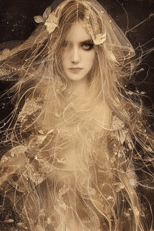 AI generated: 1woman,beautiful,long hair,gold lining,veil, by Minjae Lee, Carne Griffiths, Emily Kell, Steve McCur...