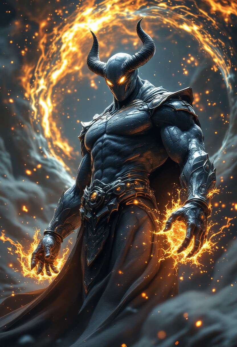 AI generated: God of Metal, full-body, Etherial, muscular, No mouth or hair, Glowing Silver eyes, epic, cinematic,...
