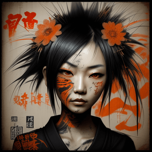 AI generated: Asian woman, beautiful face, black and orange color tones, wabi-sabi art,  abstract , punk collage ,...