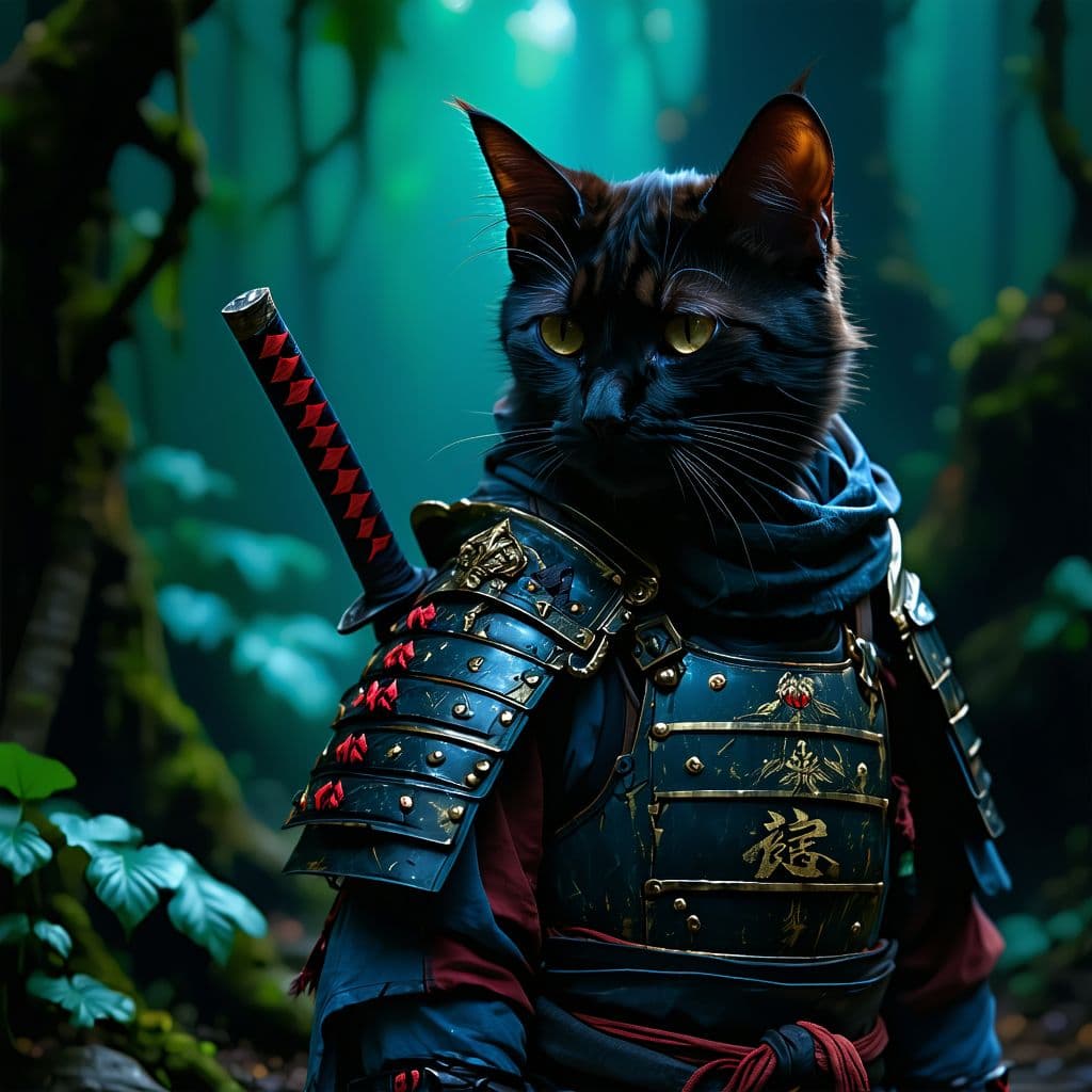 AI generated: the art of black cat, in the style of junglecore, haunting imagery, jan matejko, miyamoto musashi, r...