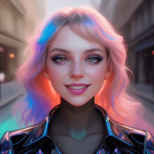 AI generated: lucinda lafleur | holographic photography shoots, in the style of tanya shatseva, smiling,daz3d, str...