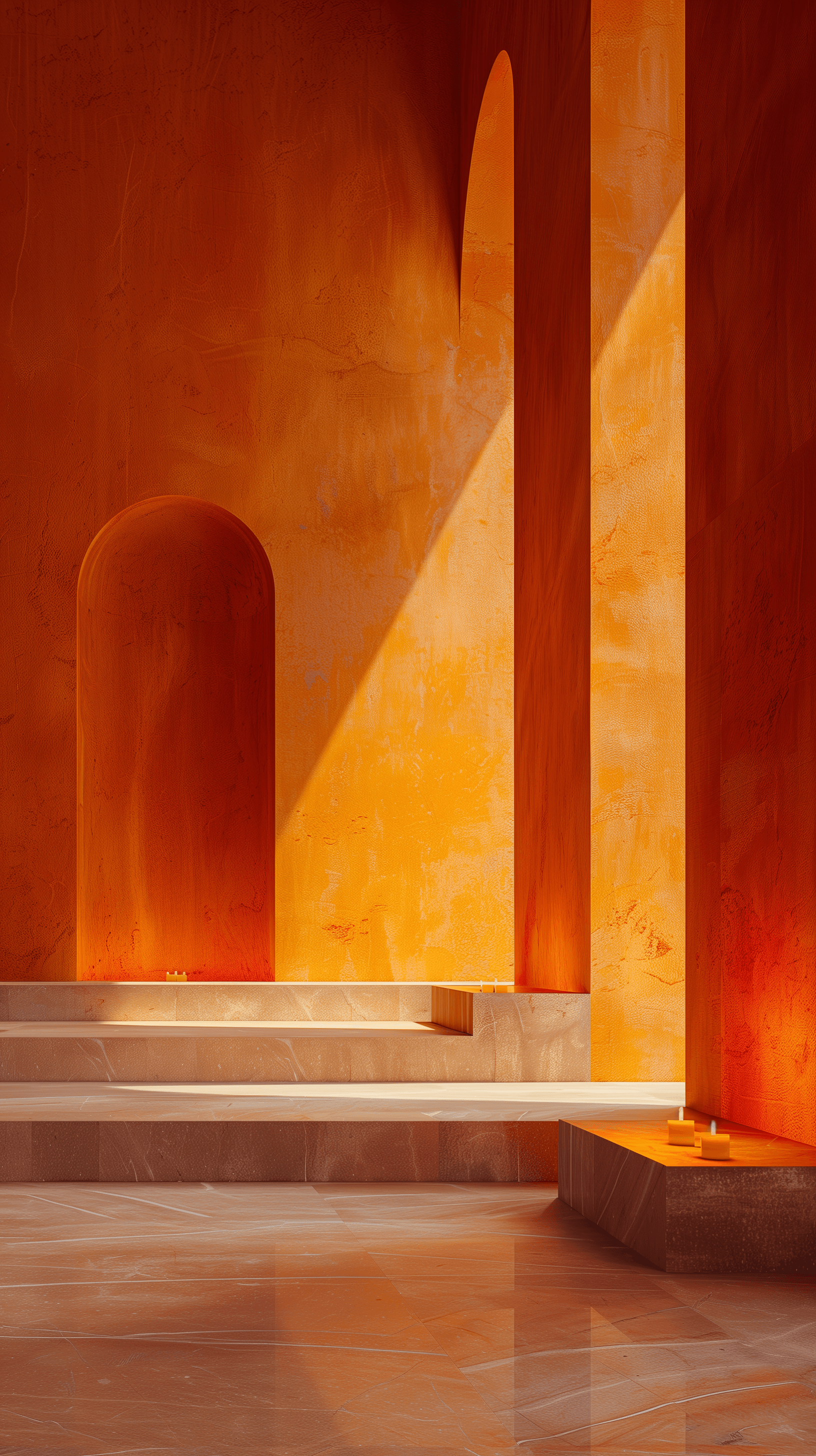 AI generated: photorealism image, monolithic interior room painted in a deep ochre hue, featuring a stark, minimal...