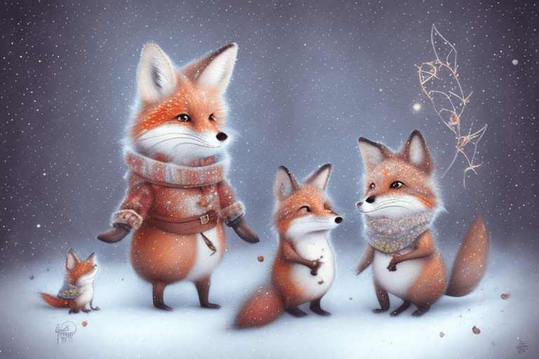 AI generated: On the left side of the image a Holly Hobbie fox dresssed in fur, facing the camera, wintertime, in ...