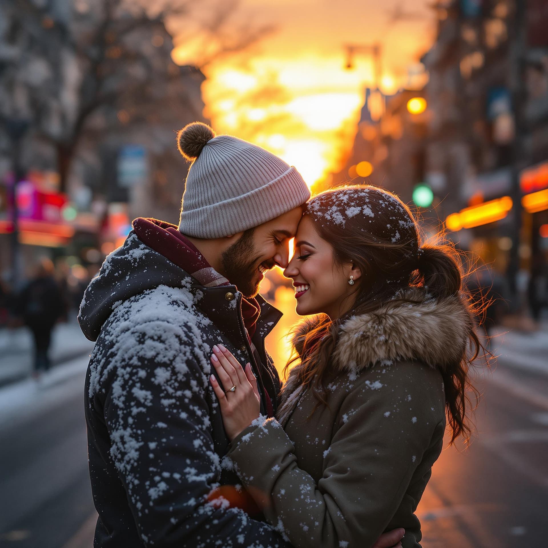 AI generated: 1.  Frozen moment: Soulmates embrace mid-street; bustling city blurred; background long exposure  wa...